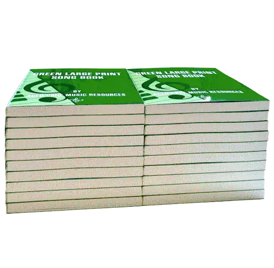 The GREEN LARGE PRINT SONG BOOK includes lyrics to songs in the Green Book Music Collection in easy-to-read large print.
