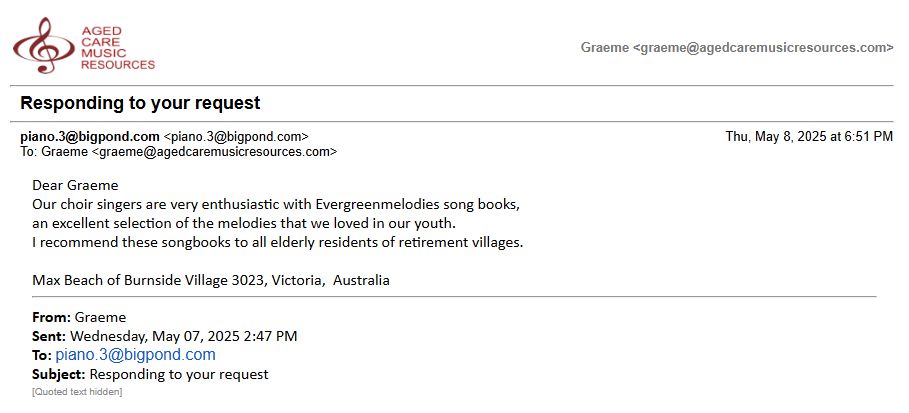250508 Max Beach_Burnside Village - Aged Care Music Resources Testimonial to the Green songbook from Max Beach, Burnside Village, Victoria