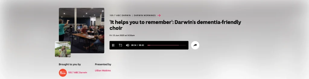 A wonderful story from ABC Darwin highlighting the power of music in aged care and dementia support through Darwin’s dementia-friendly choir.